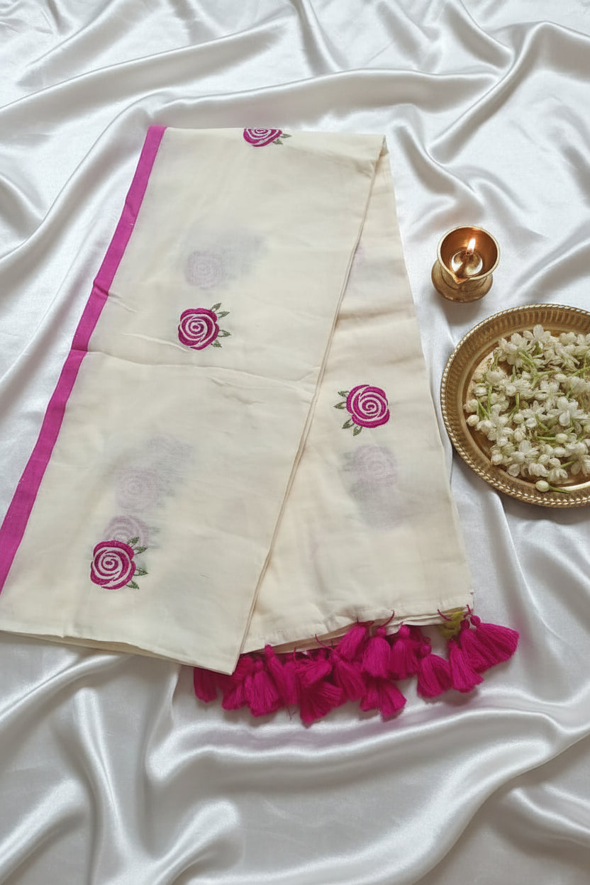 mulmul cotton embroidered saree