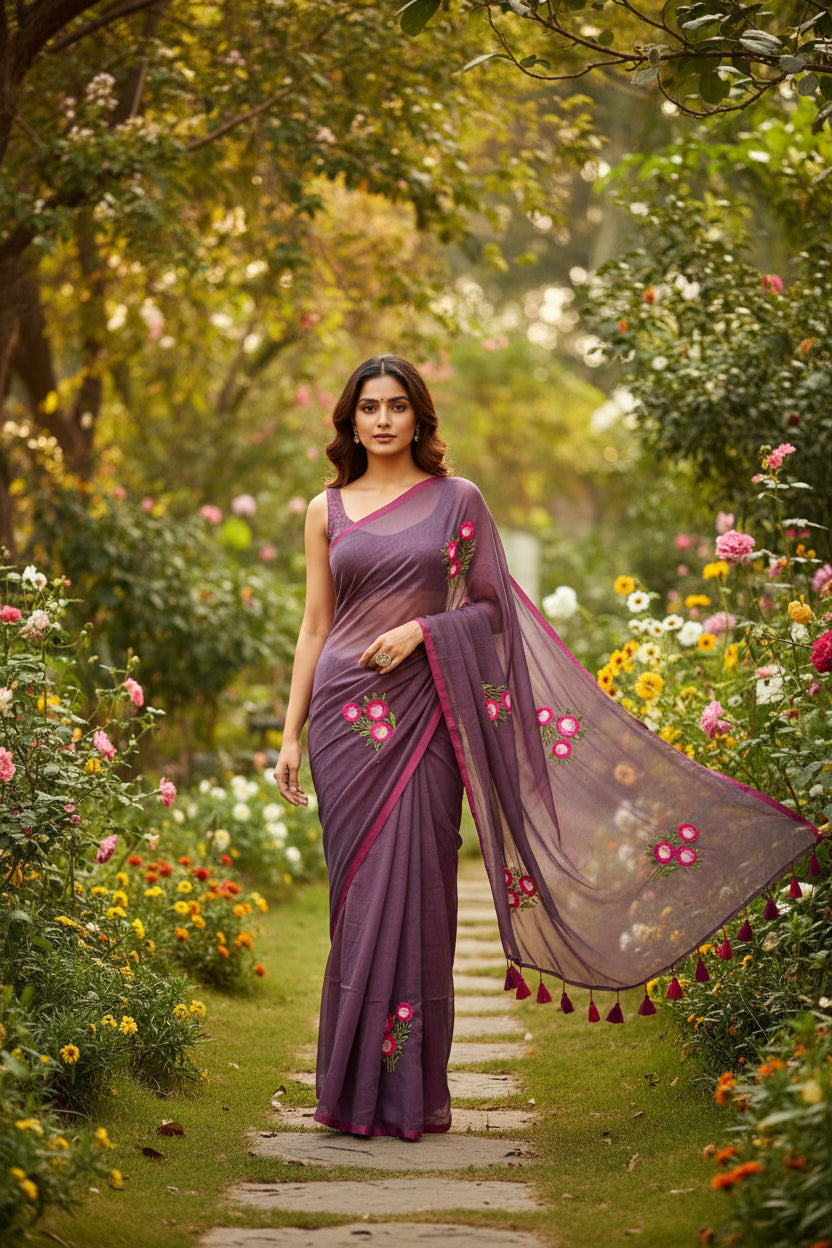 mul cotton embroidered saree