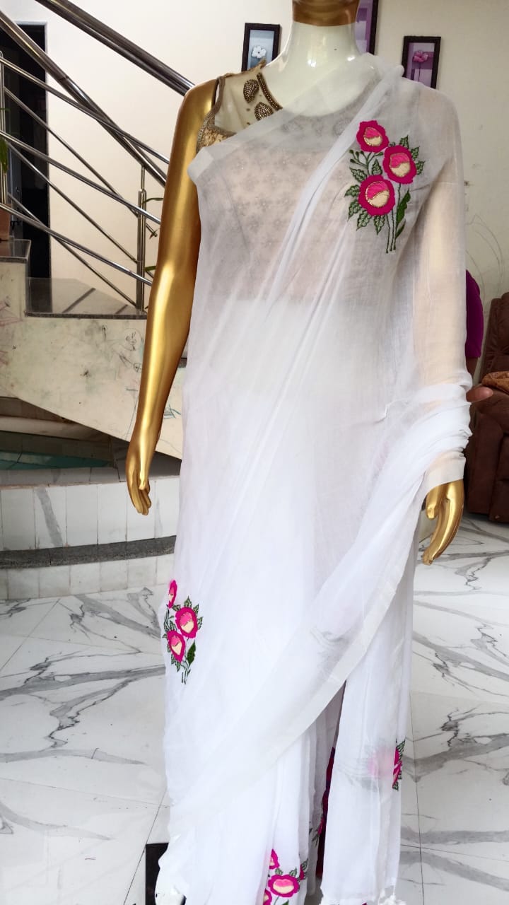 embroidered mul cotton saree