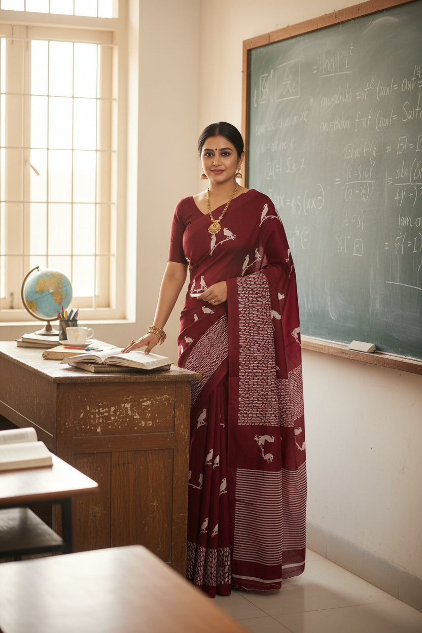 Maroon pigeon hand block print mul cotton saree