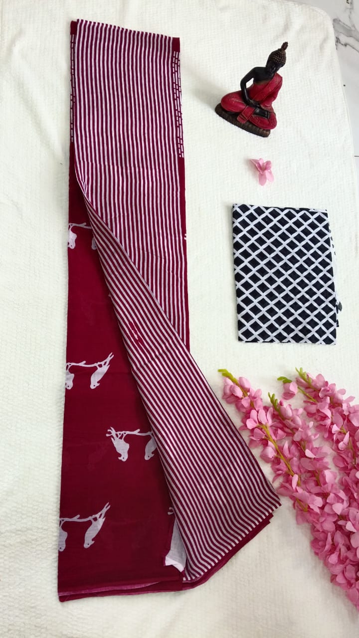 Maroon pigeon hand block print mul cotton saree