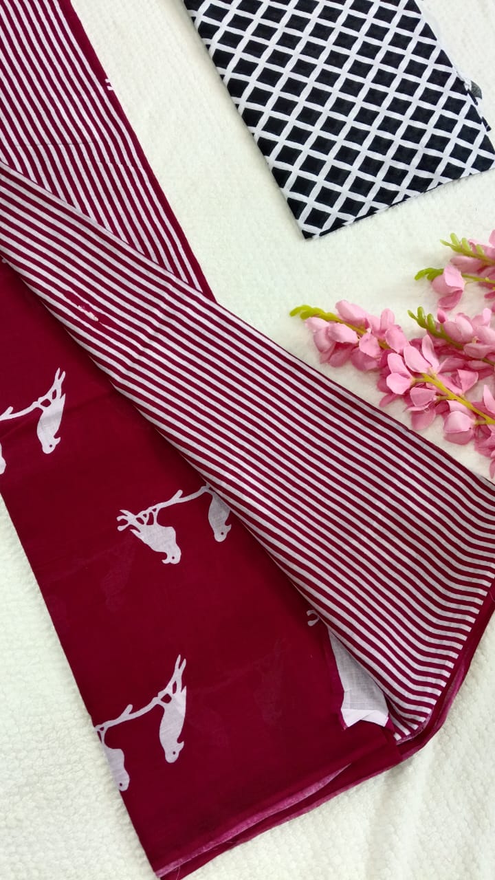 Maroon pigeon hand block print mul cotton saree