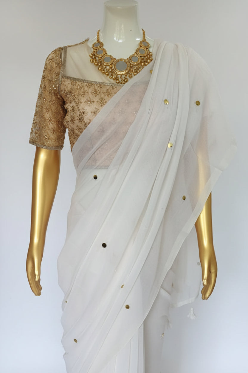 white mul cotton saree