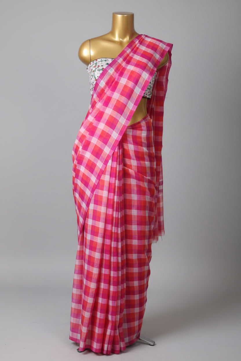 red Checks mul cotton saree
