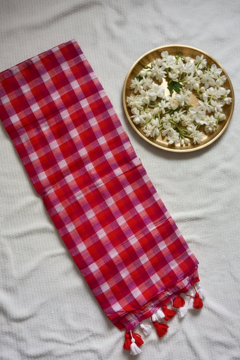 red Checks mul cotton saree