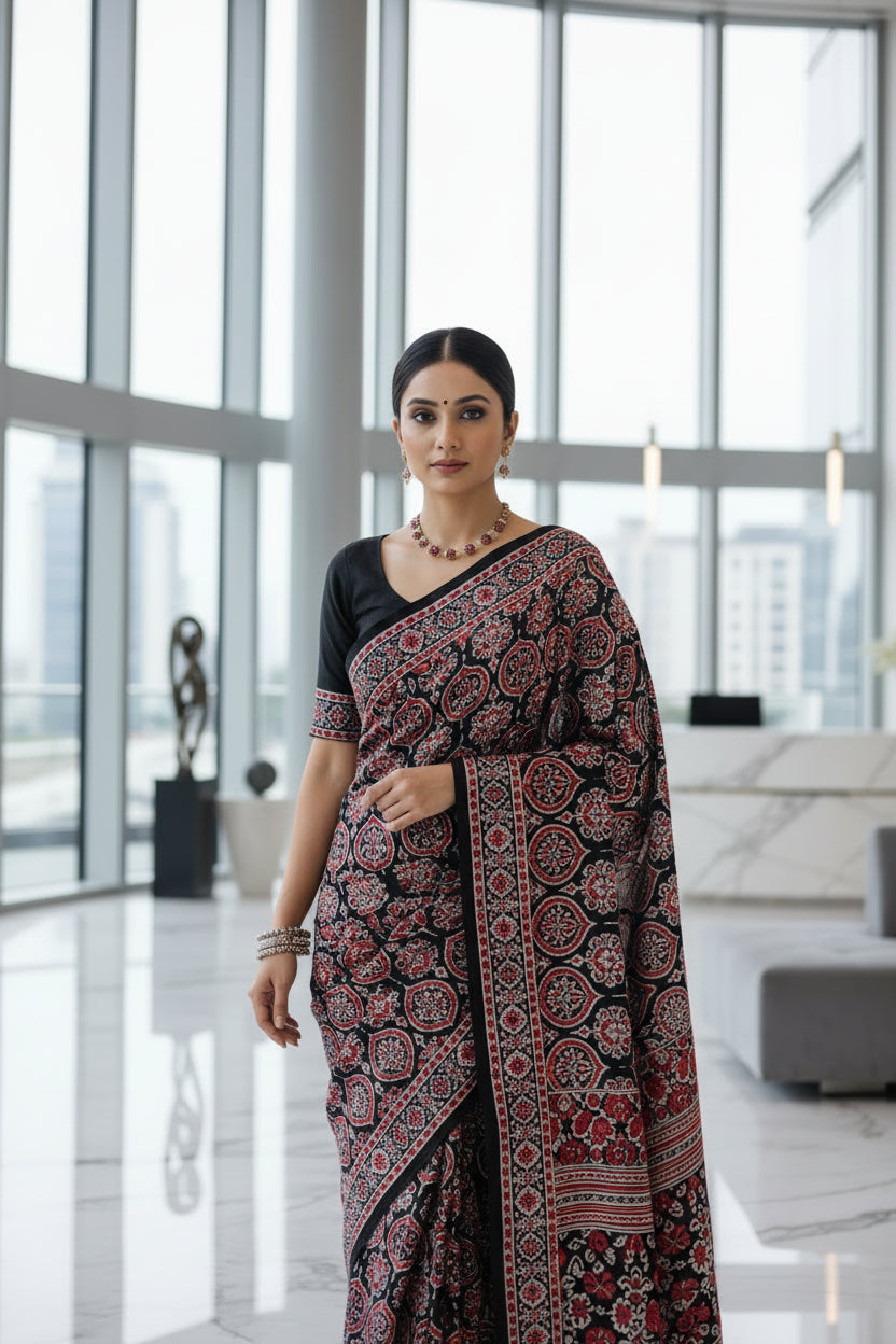 ajarakh print mul cotton saree