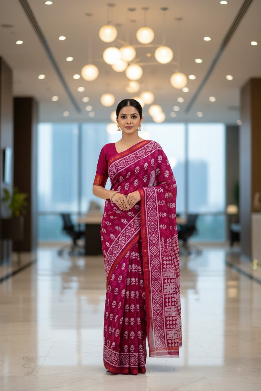 Pink Hand Block print mul cotton saree