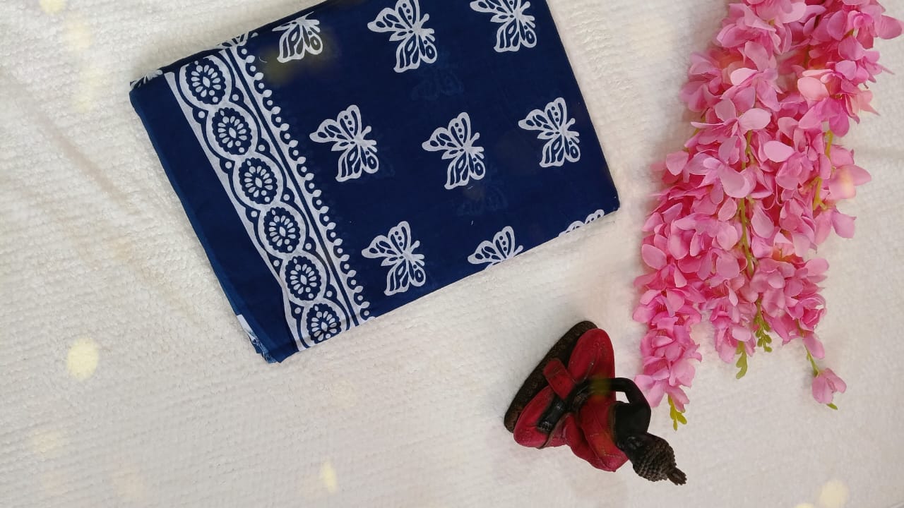 Blue butterfly hand block print mul cotton saree