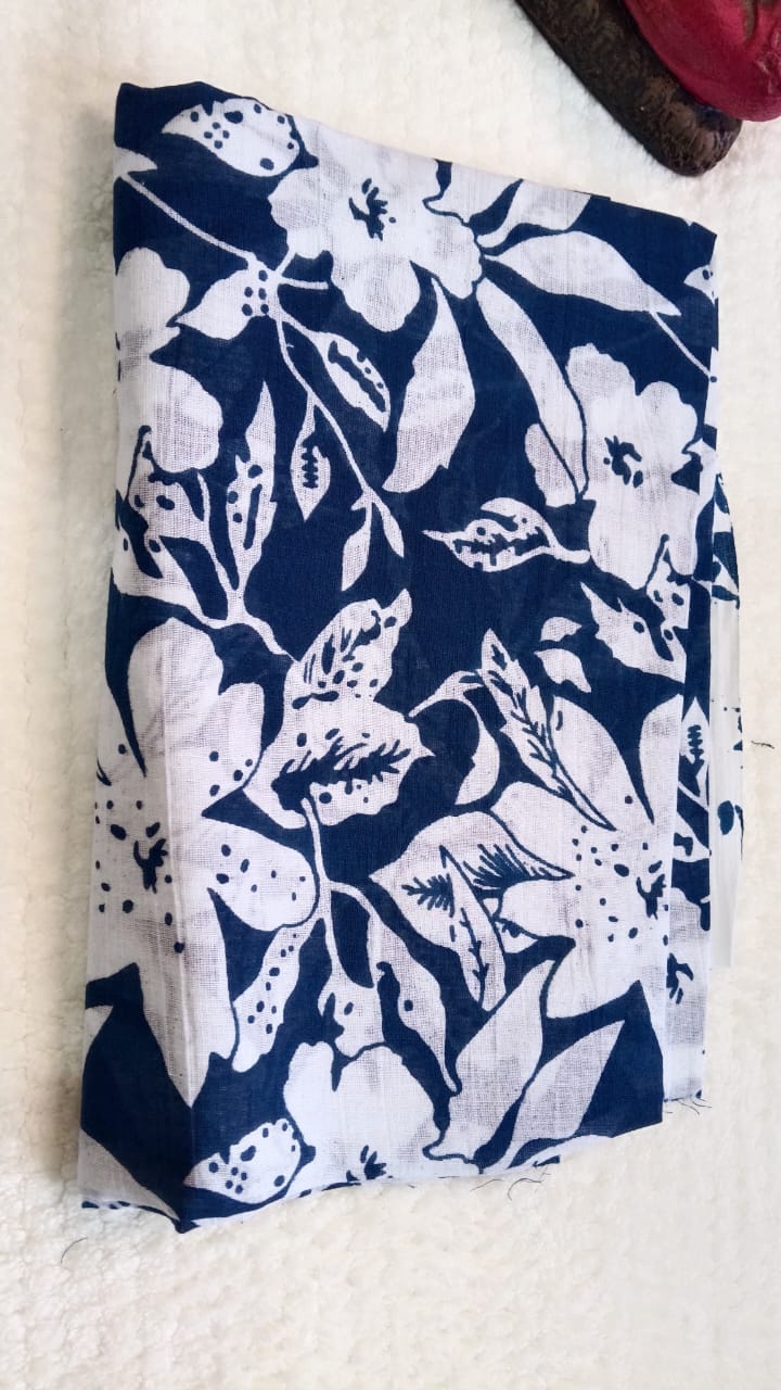 Blue hand block printed mul cotton saree
