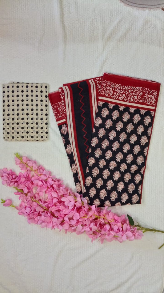 Black hand block printed mul cotton saree