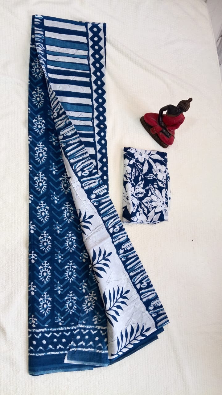 Blue hand block printed mul cotton saree