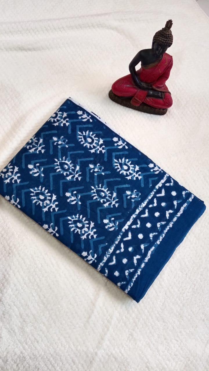 Blue hand block printed mul cotton saree