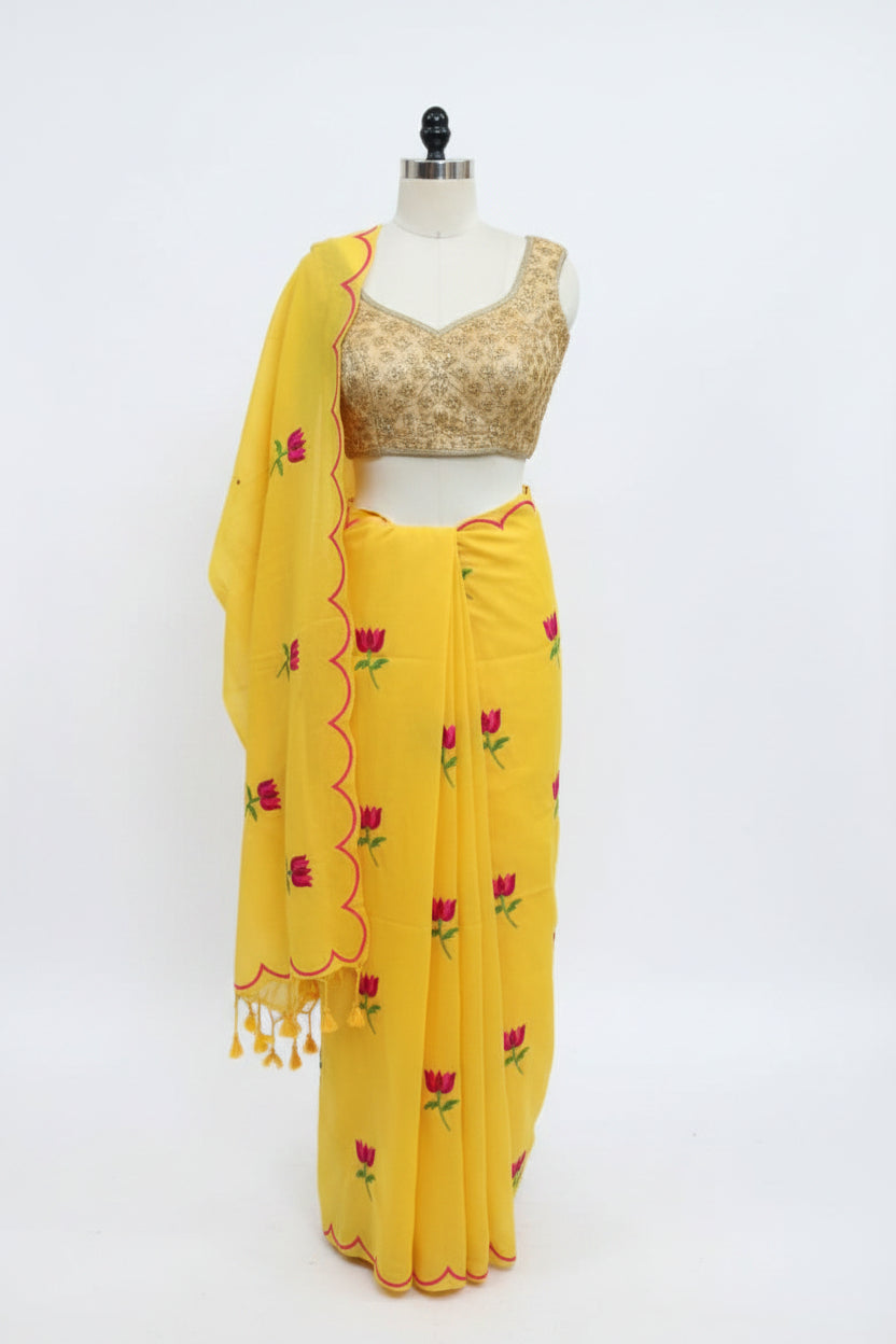 Yellow khadi cotton saree
