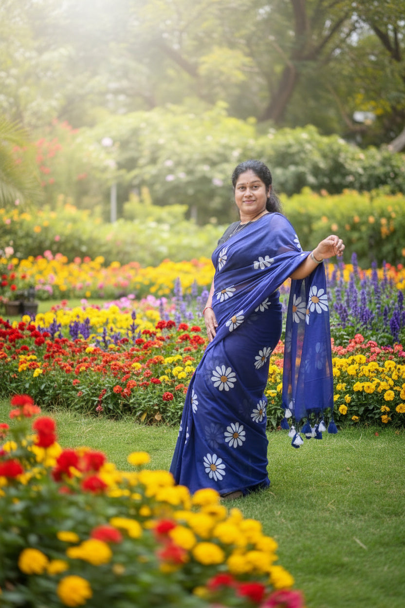Blue hand painted mul cotton saree