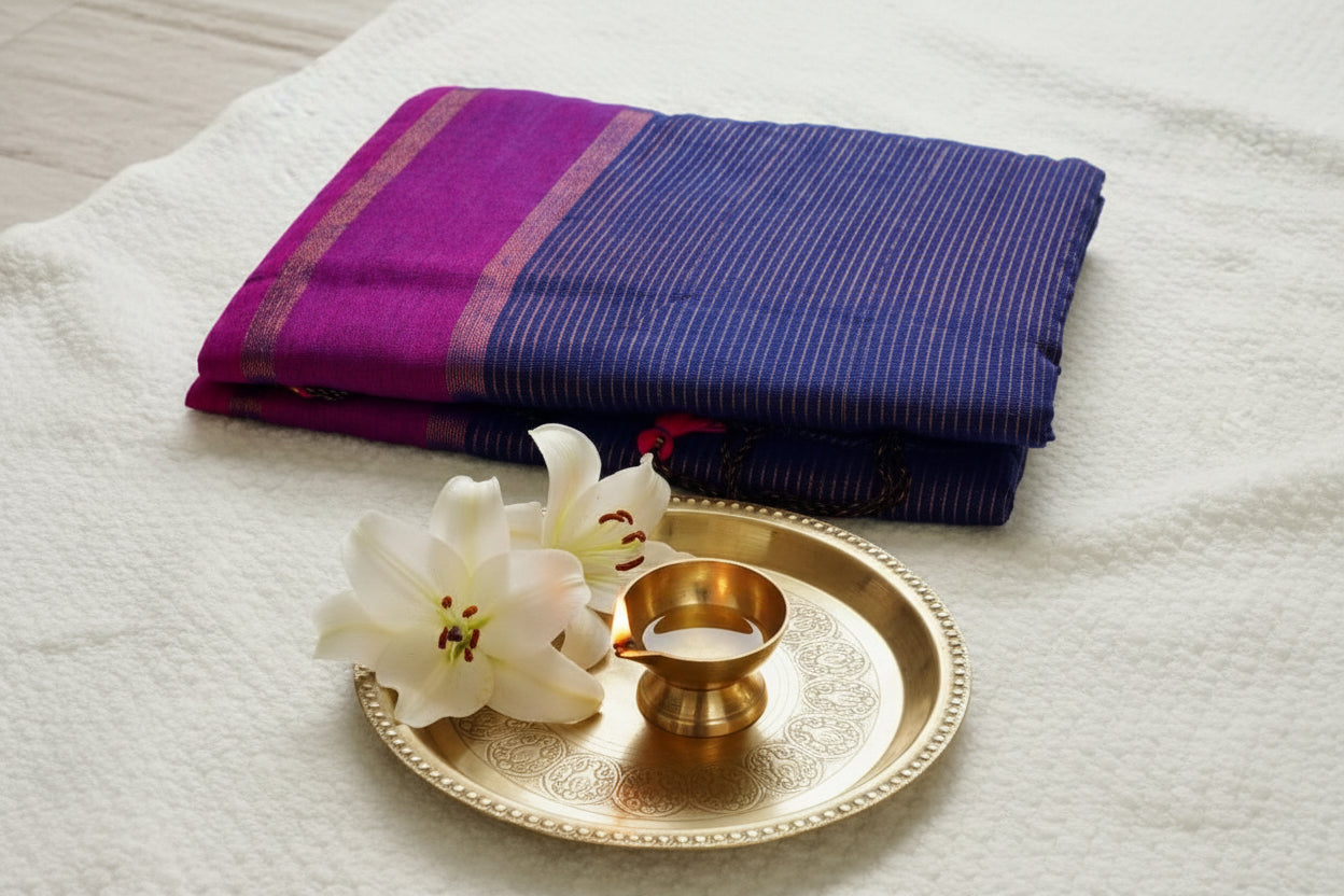 Blue bordered khadi cotton saree