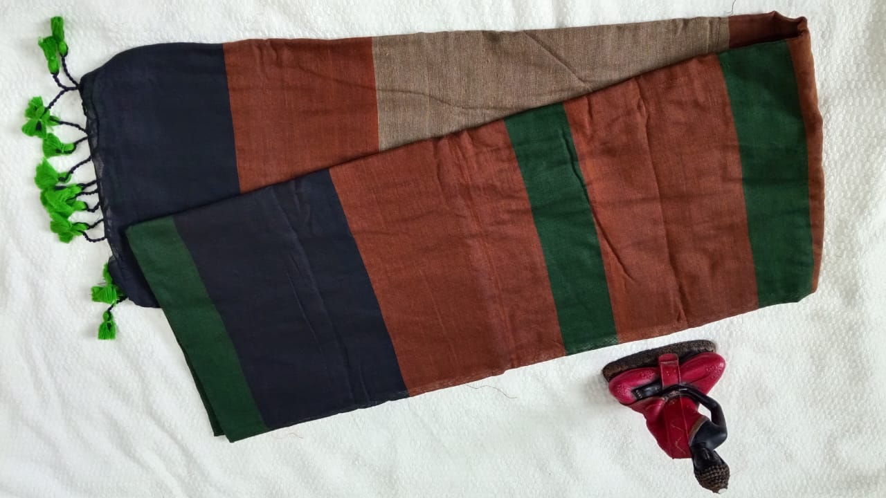 stripped brown green khadi saree