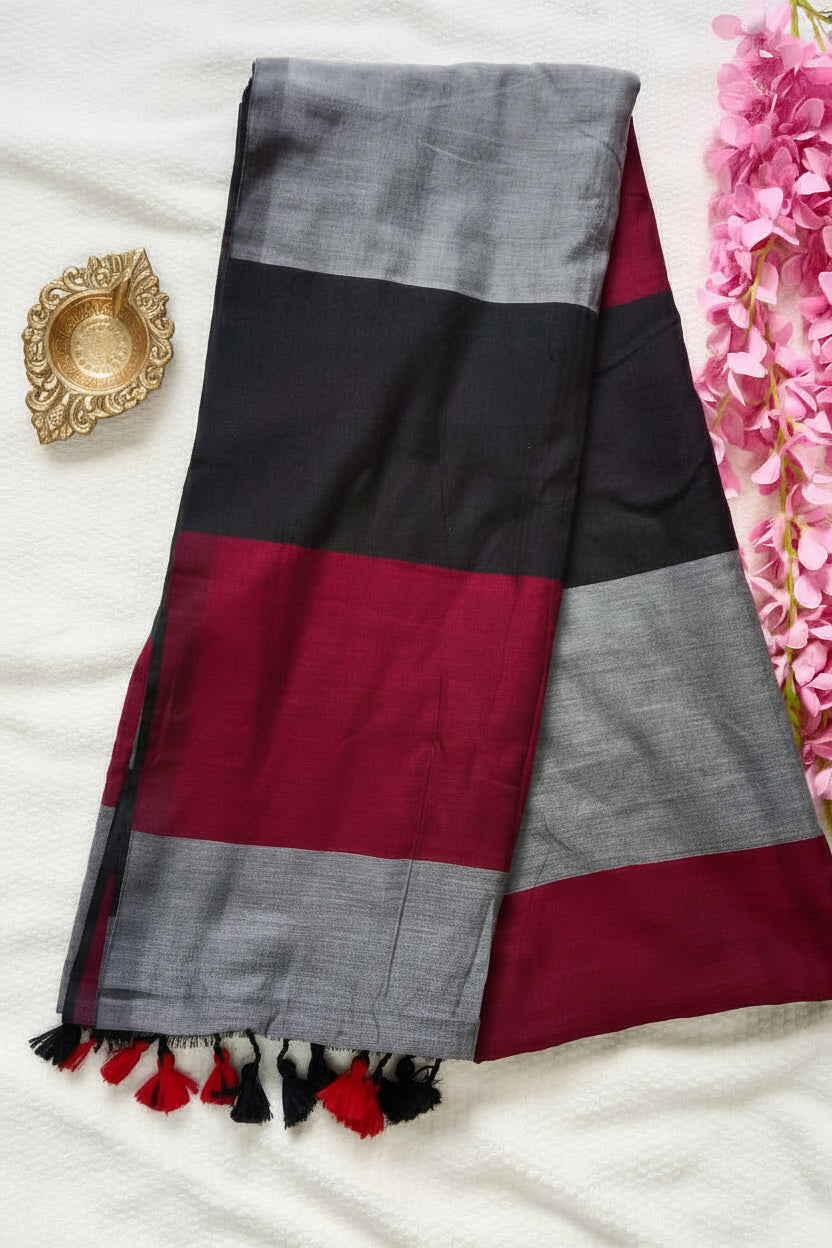 Red Black khadi cotton saree