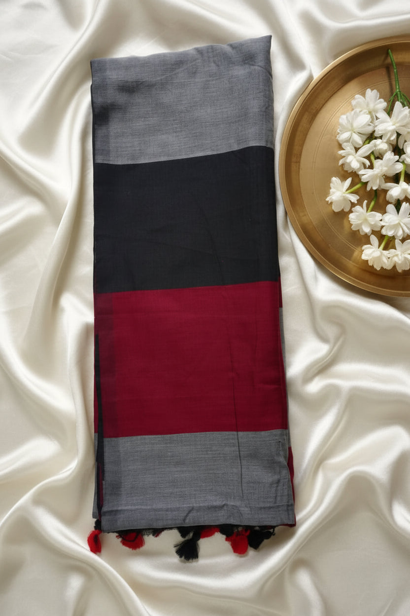 Red Black khadi cotton saree