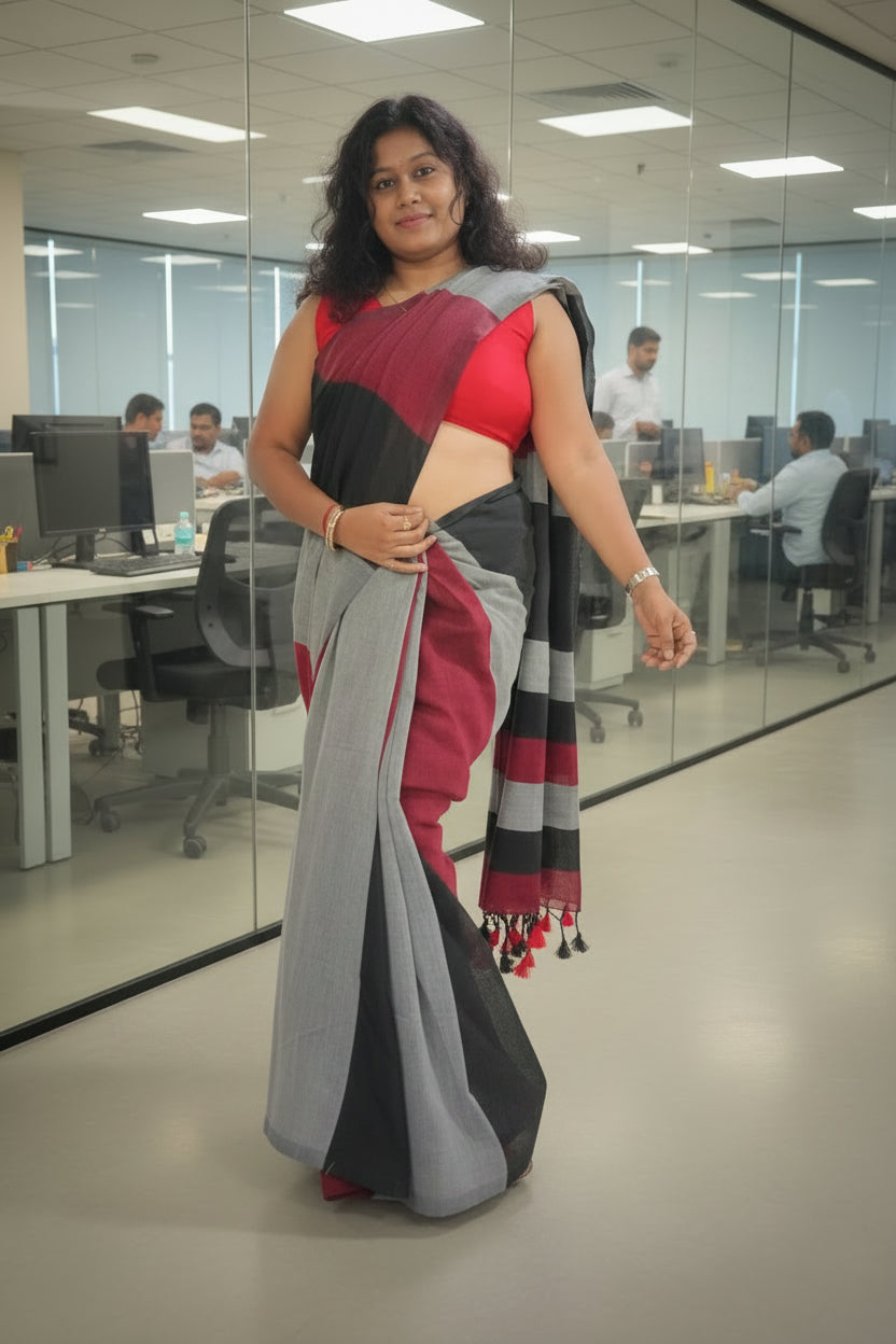 Red Black khadi cotton saree
