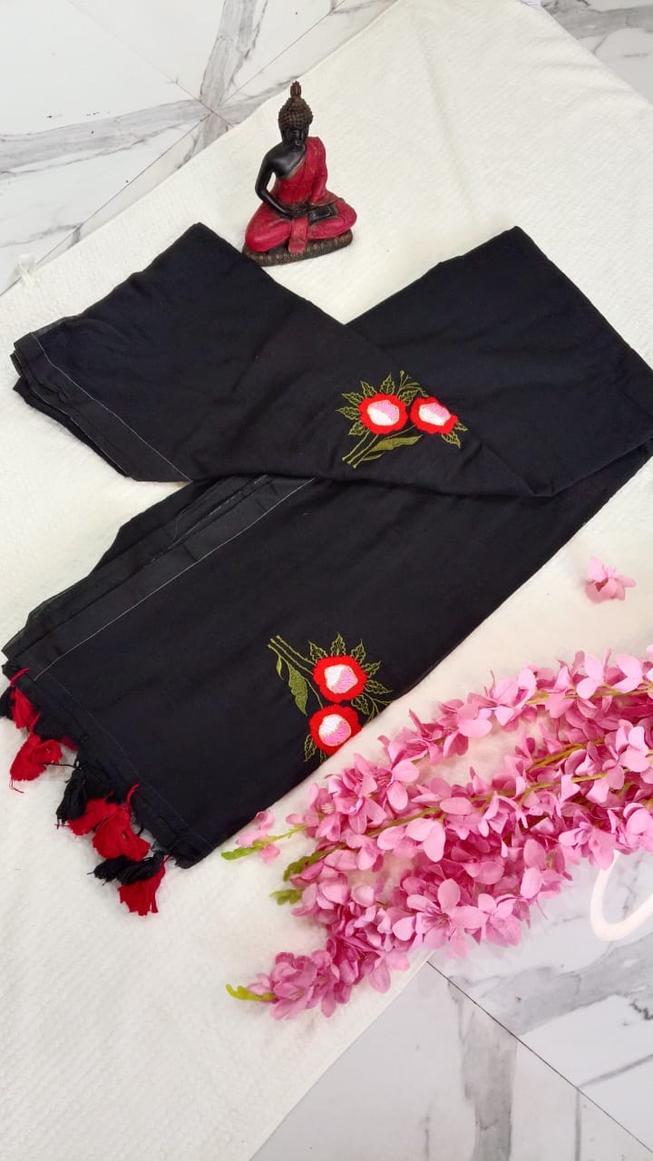 Black Handwoven embroidery mul cotton saree