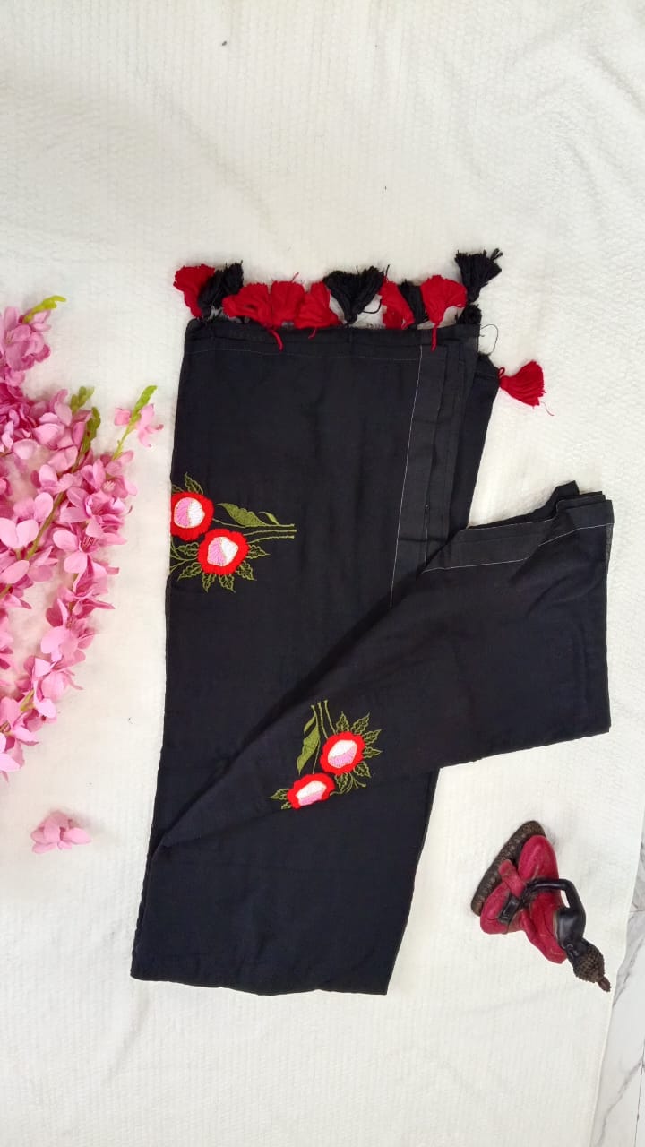 Black Handwoven embroidery mul cotton saree