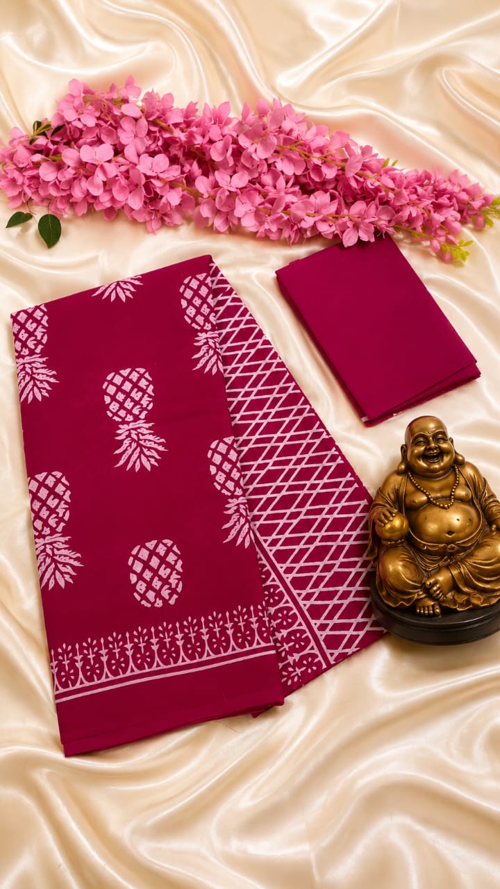 Hand block pineapple print pink mul cotton saree