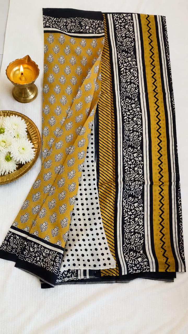 Yellow Hand block printed mul cotton saree