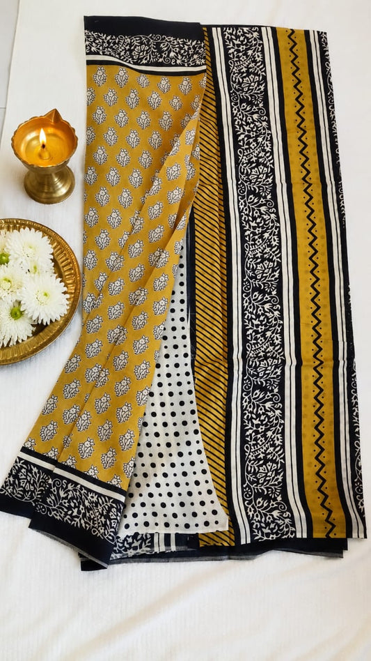 Yellow Hand block printed mul cotton saree