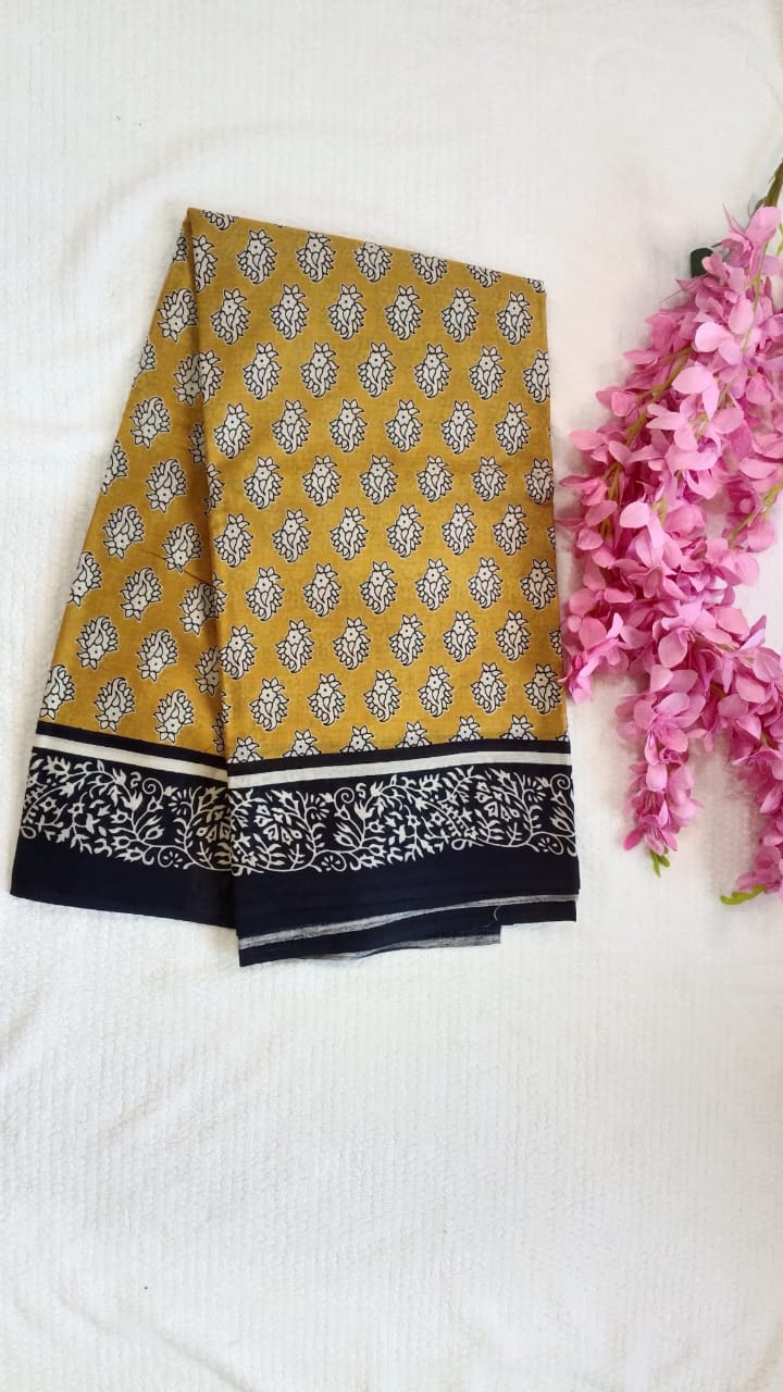 Yellow Hand block printed mul cotton saree