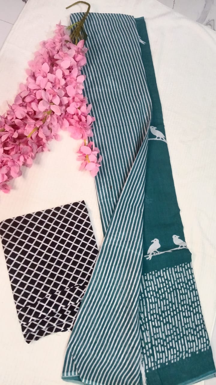 pigeon hand block print emerald green mul cotton saree