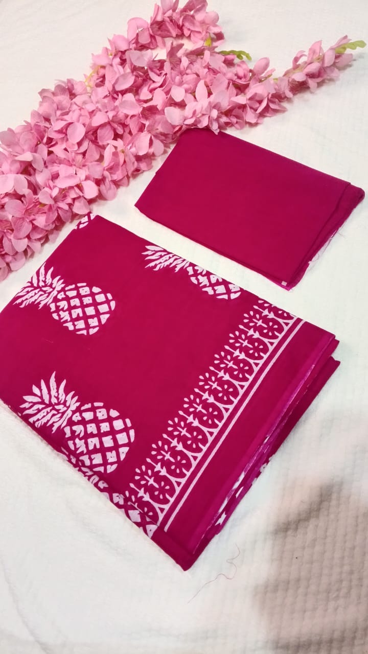 Hand block pineapple print pink mul cotton saree
