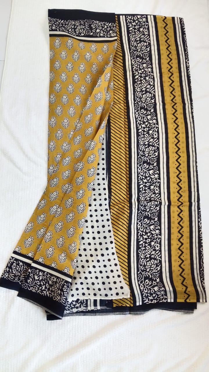 Yellow Hand block printed mul cotton saree