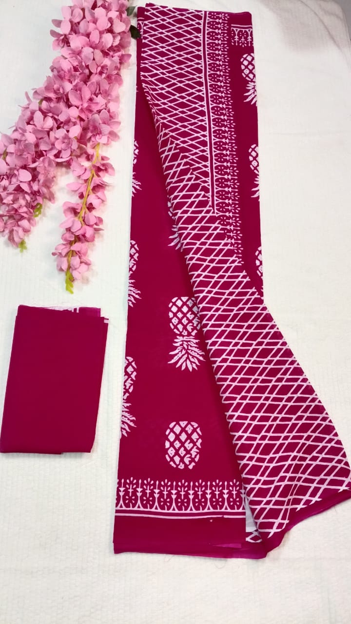 Hand block pineapple print pink mul cotton saree