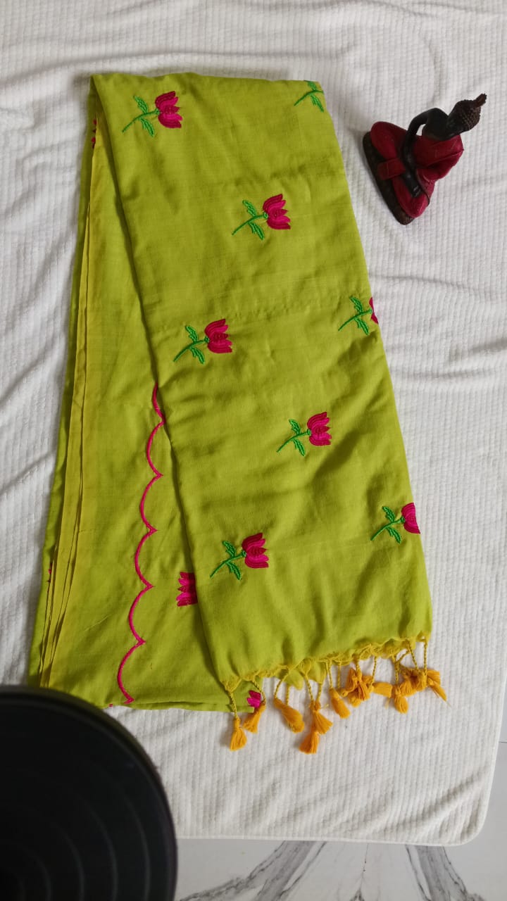 Parrot green embroidered khadi cotton saree