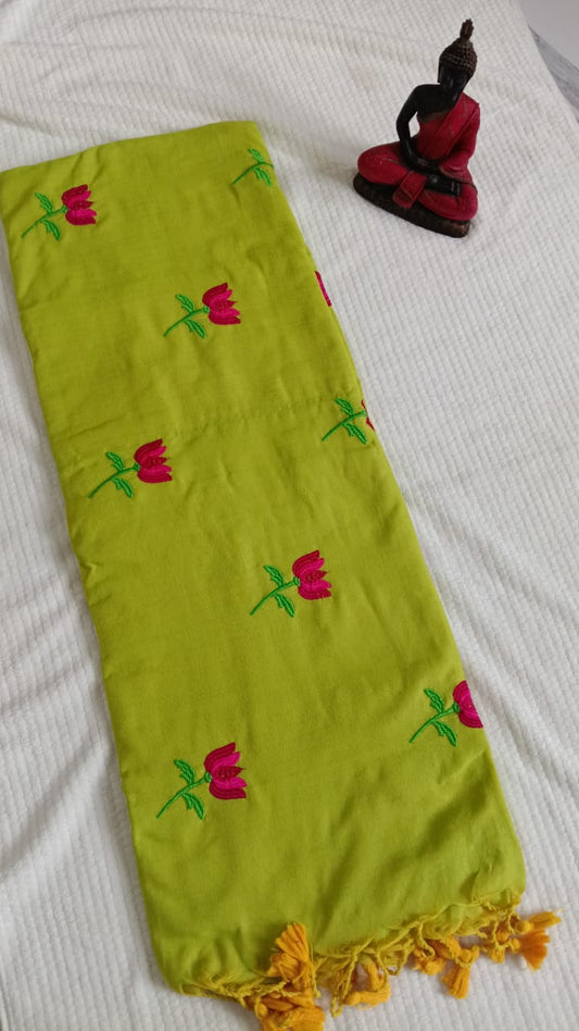 Parrot green embroidered khadi cotton saree