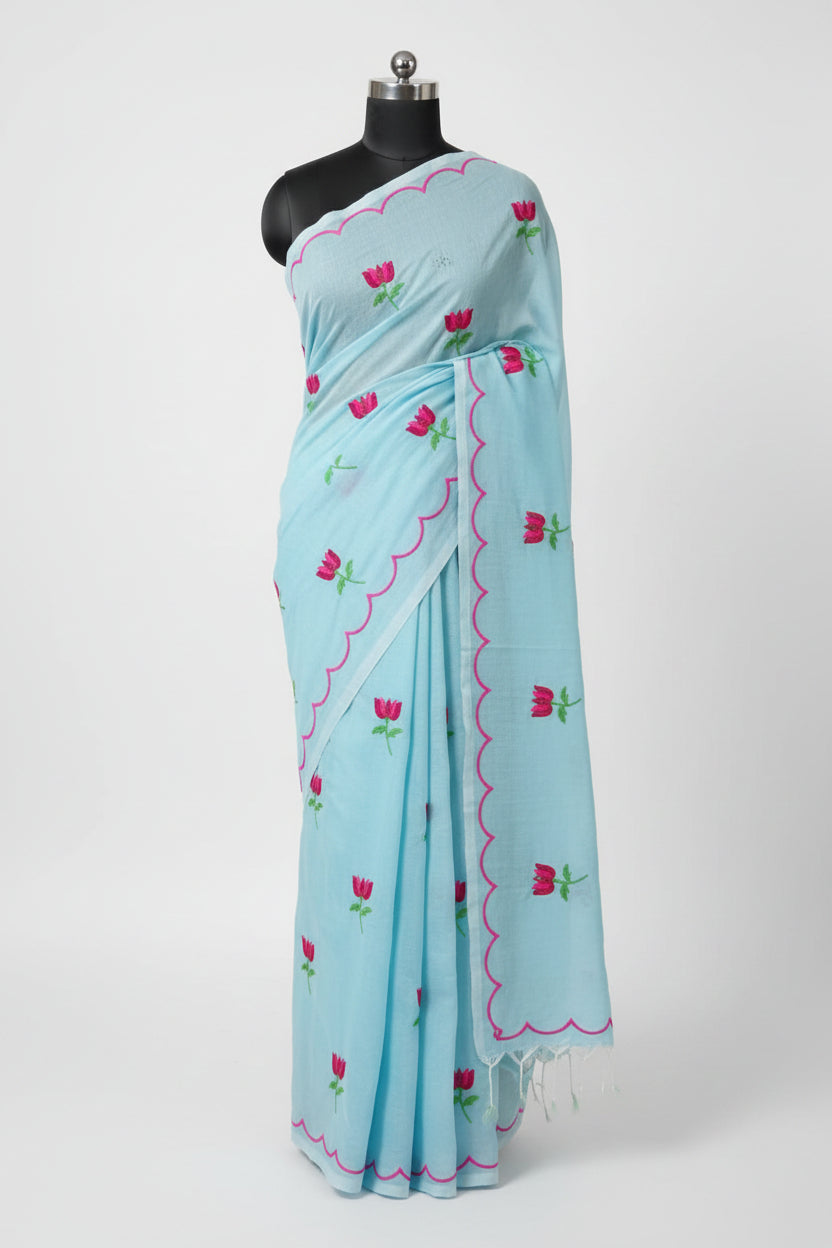 Sky blue embroidered khadi cotton saree
