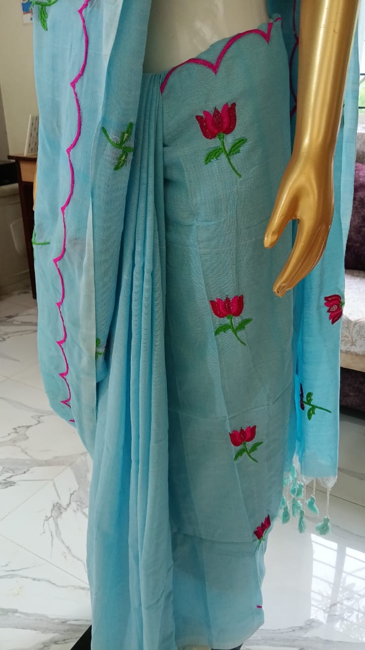Sky blue embroidered khadi cotton saree