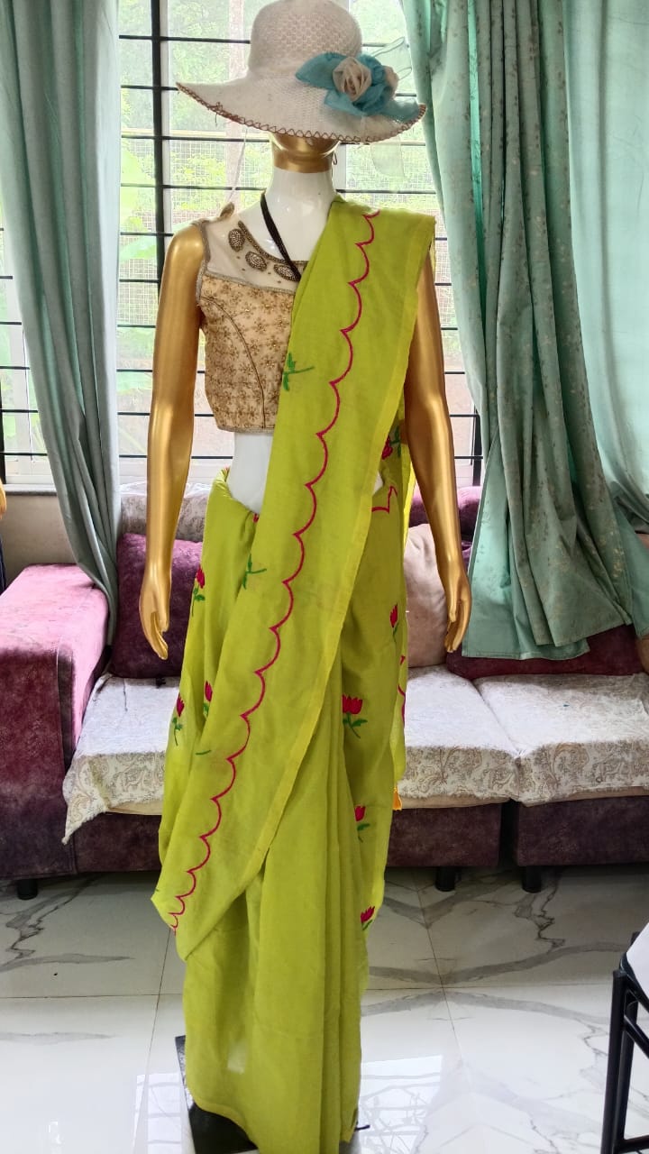 Parrot green embroidered khadi cotton saree