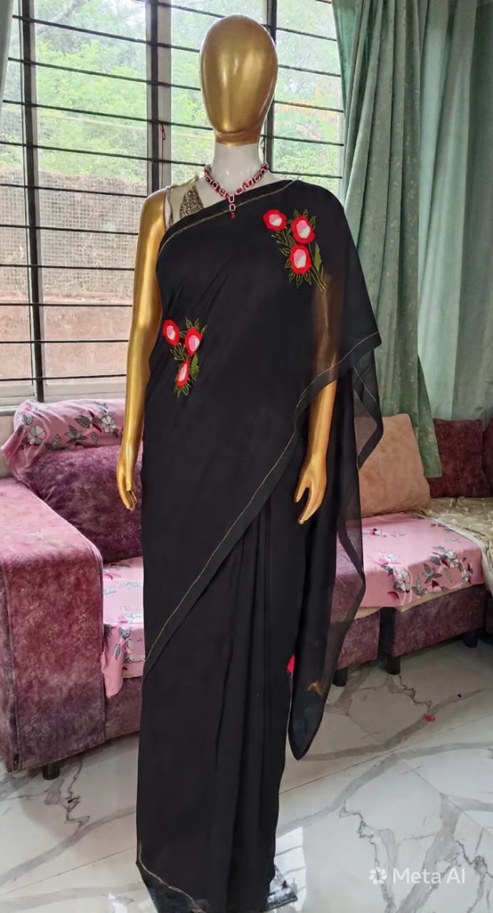 Black Handwoven embroidery mul cotton saree