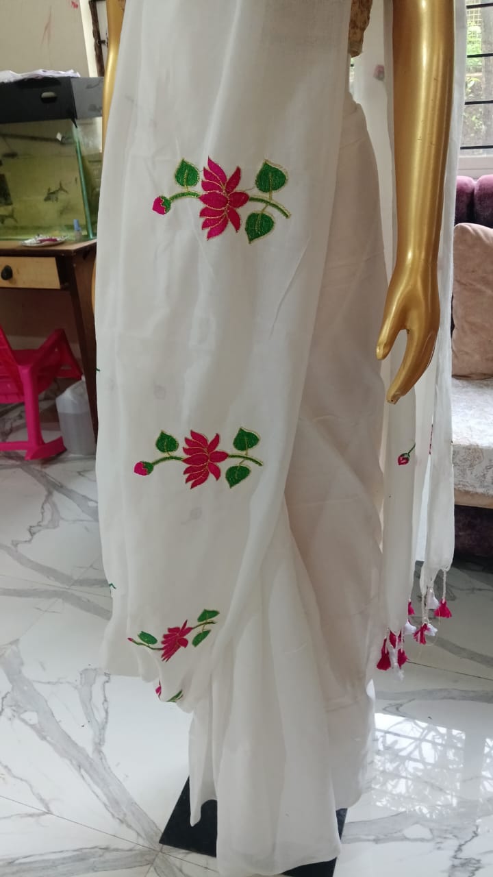 White lotus bordered embroidered khadi cotton saree