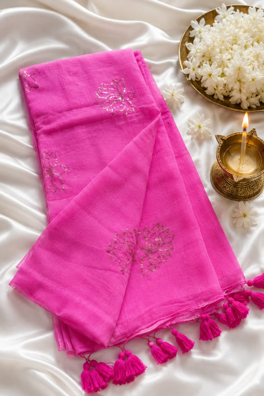 light pink sequence work mul cotton sari