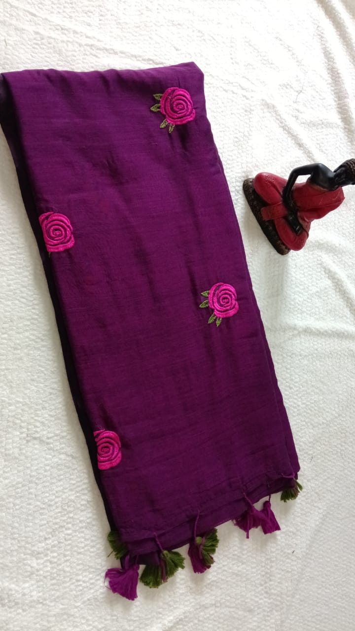 purple rose embroidery mul cotton sari