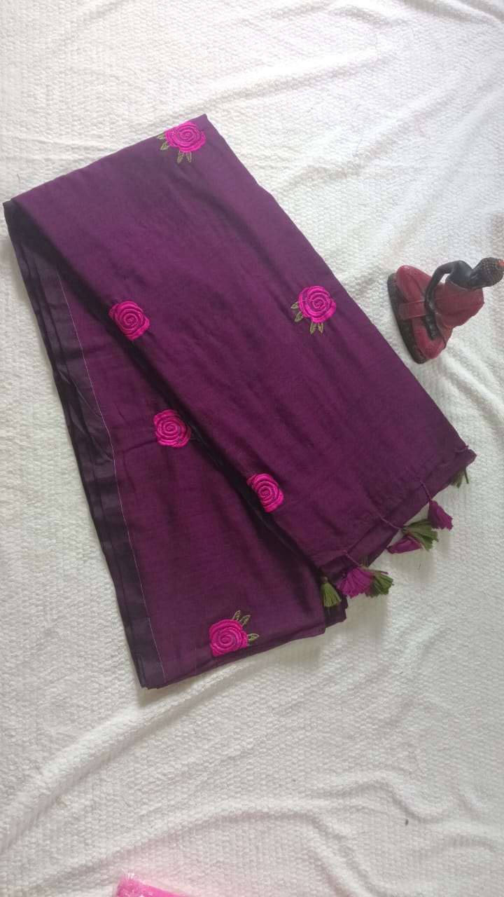 purple rose embroidery mul cotton sari