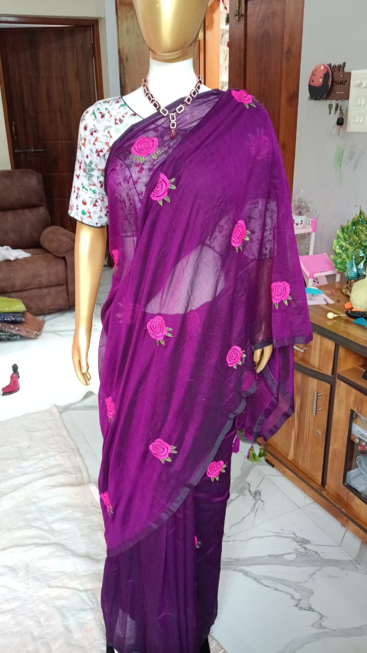 purple rose embroidery mul cotton sari