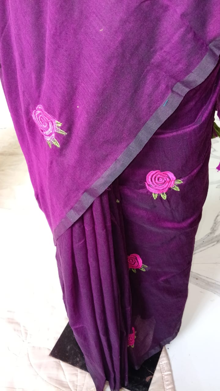 purple rose embroidery mul cotton sari