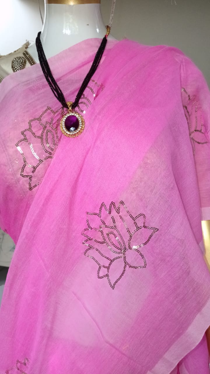 light pink sequence work mul cotton sari