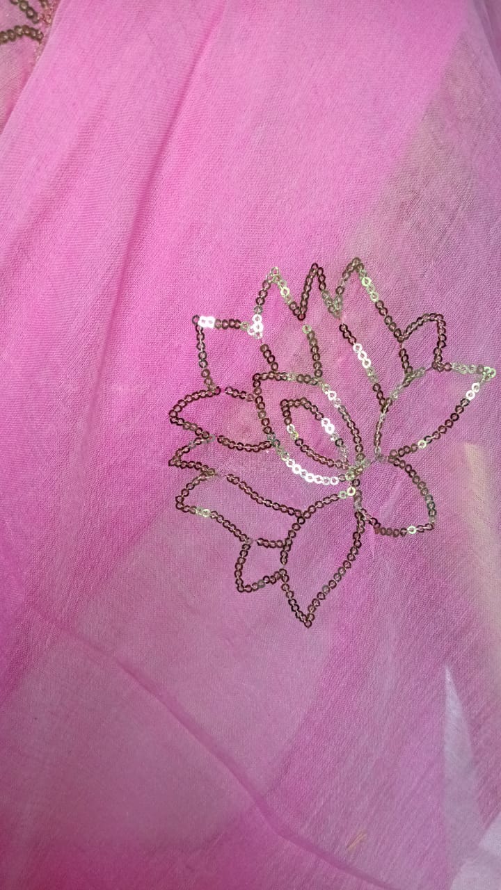 light pink sequence work mul cotton sari