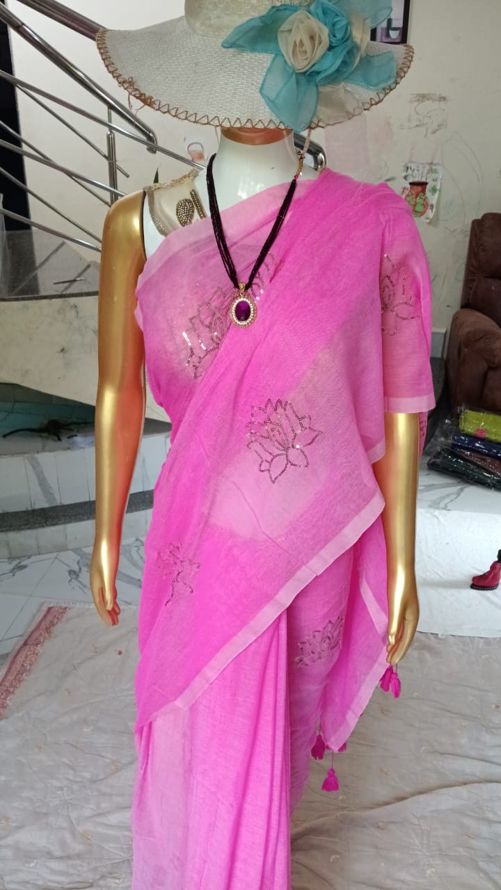 light pink sequence work mul cotton sari