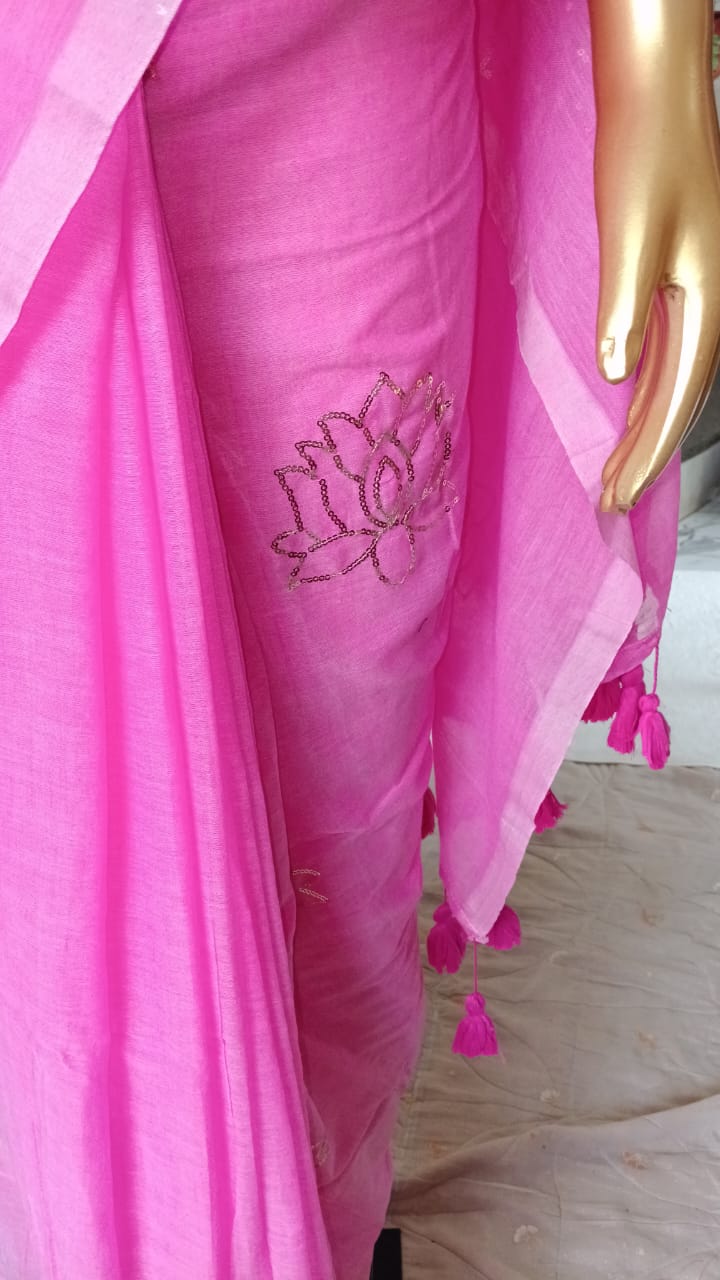 light pink sequence work mul cotton sari