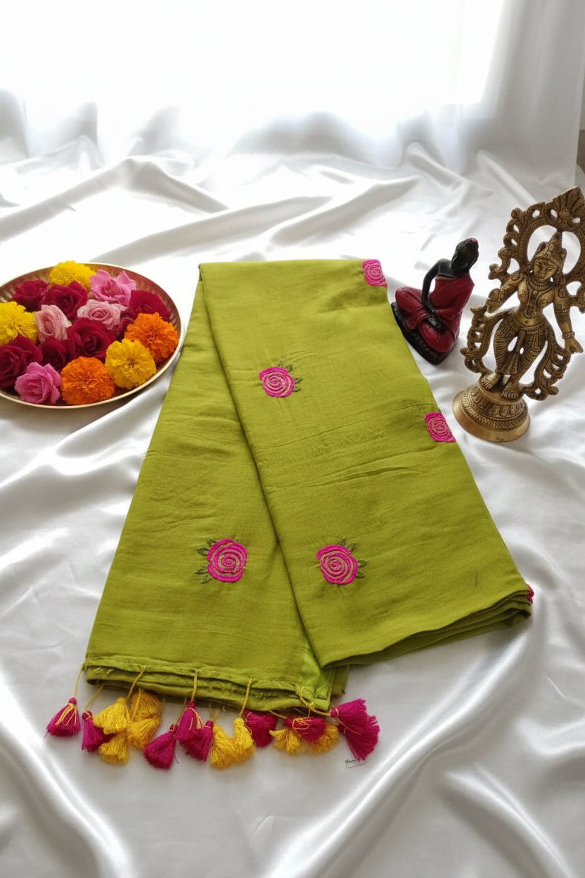 Parrot green rose embroidered mul cotton sari